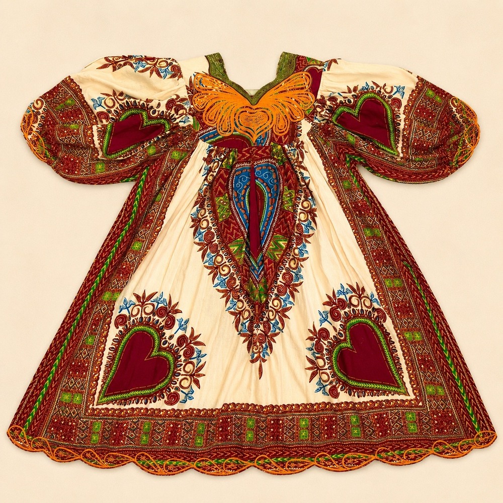 Vintage 70s Embroidered Dashiki Midi Dress M Boho Caftan‎ Folk Festival Dress